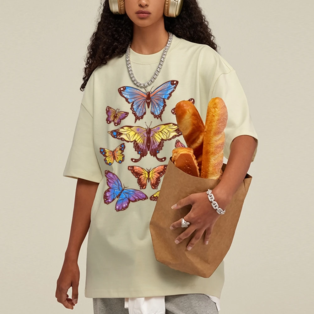 تي شيرت صيفي بلون متباين ، طباعة فراشة ، كتف لأسفل ، اتجاه الغسيل القديم ، أكمام قصيرة جديدة ، نمط Ins ، الموضة #6