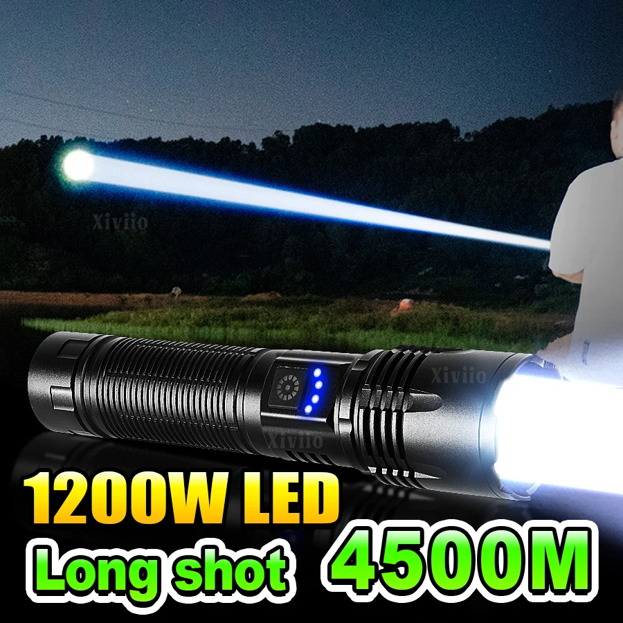 

Ultra Powerful Flashlight 1200W Strong Light Rechargeable Flashlight Tactical Lantern Long Range Camping Hiking High Power Torch