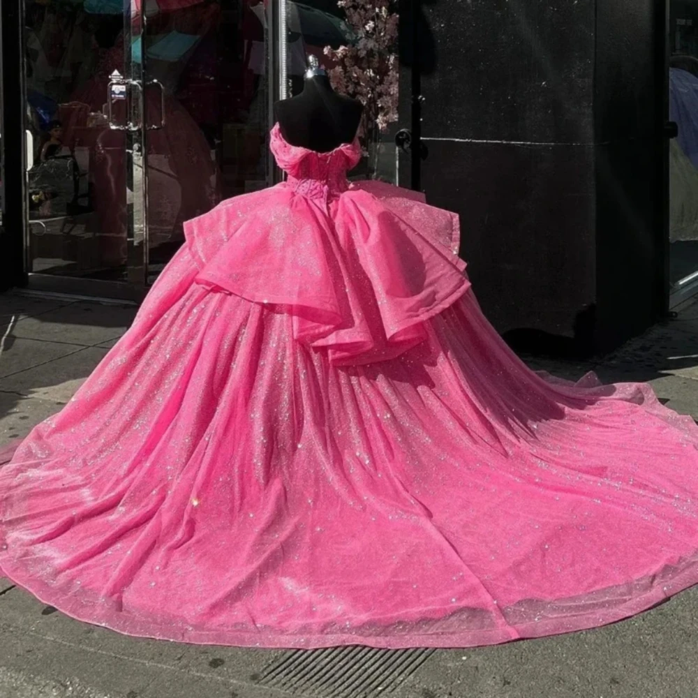 Vestido De quinceañera rojo sandía, cuentas brillantes, lazo De cristal, Princesa, fiesta De cumpleaños, Vestido De baile sin hombros, 15