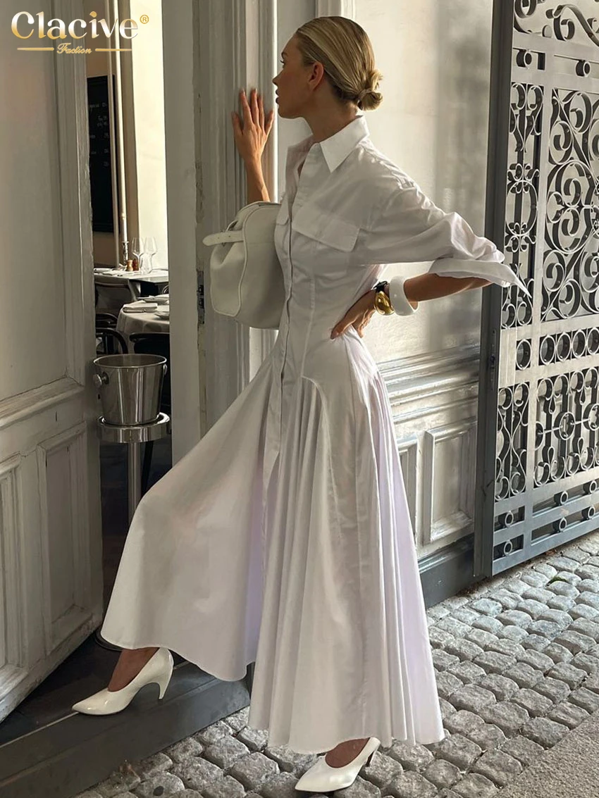 Clacive Fashion Loose White Cotton Dress Lady Casual Lapel Long Sleeve Ankle Length Dress Elegant Classic Dresses For Women 2025