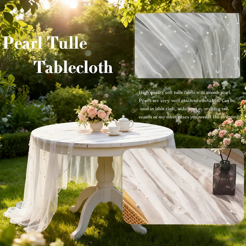 White Pearl Tulle Table Runner, Wedding Tablecloth for Baby Shower Birthday Party Backdrop Wedding Headscarf, DIY Design Decor