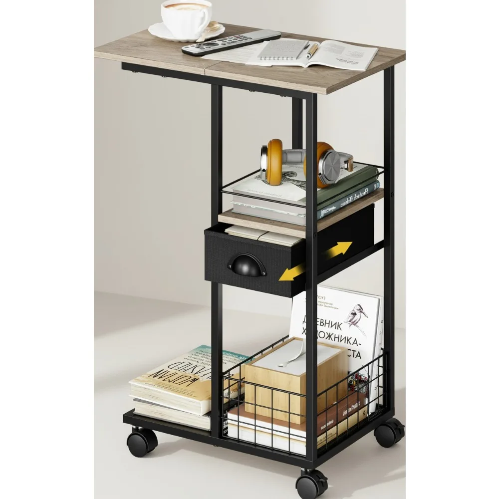 

C-Shaped Rolling Side Table with Storage Drawer, Portable Mobile Desk for Bed Sofa Living Room Dorm