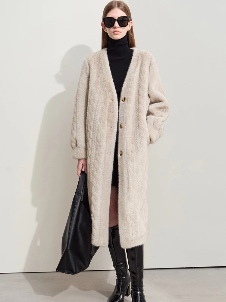 Women Fur Cardigan Thickened Long 2024Autumn Winter V-neck Jacket Female Loose Simple Leisure With Buttons Casual Faux Fur Coat