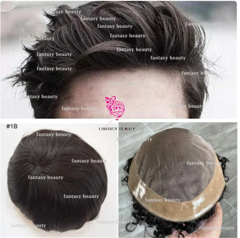 Peruca de renda monocromática respirável masculina, cabelo humano, linha fina natural PU, NPU onda reta, sistema de substituição de prótese