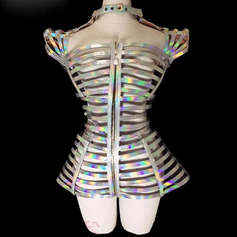 

Sliver Mirror Laser Bodysuit Sexy Nightclub Bar Model Catwalk Stage Wear Team Dance Show DJ Female Singer Festival Rave Costume