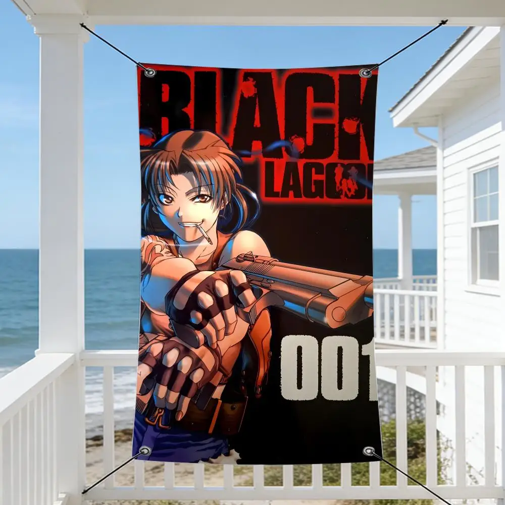 Anime B-Black L-Lagoon Flags Cozy Home Flag 4 Grommets Anti-Wrinkle Waterproo  Indoor