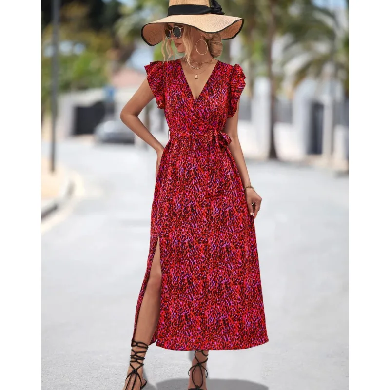 

Summer Split Retro Print Dress Women 2024 Fashionable Ruffle Edge Spliced Lace Up Long Dress Femme Robe Vestidos Mujer Kleid