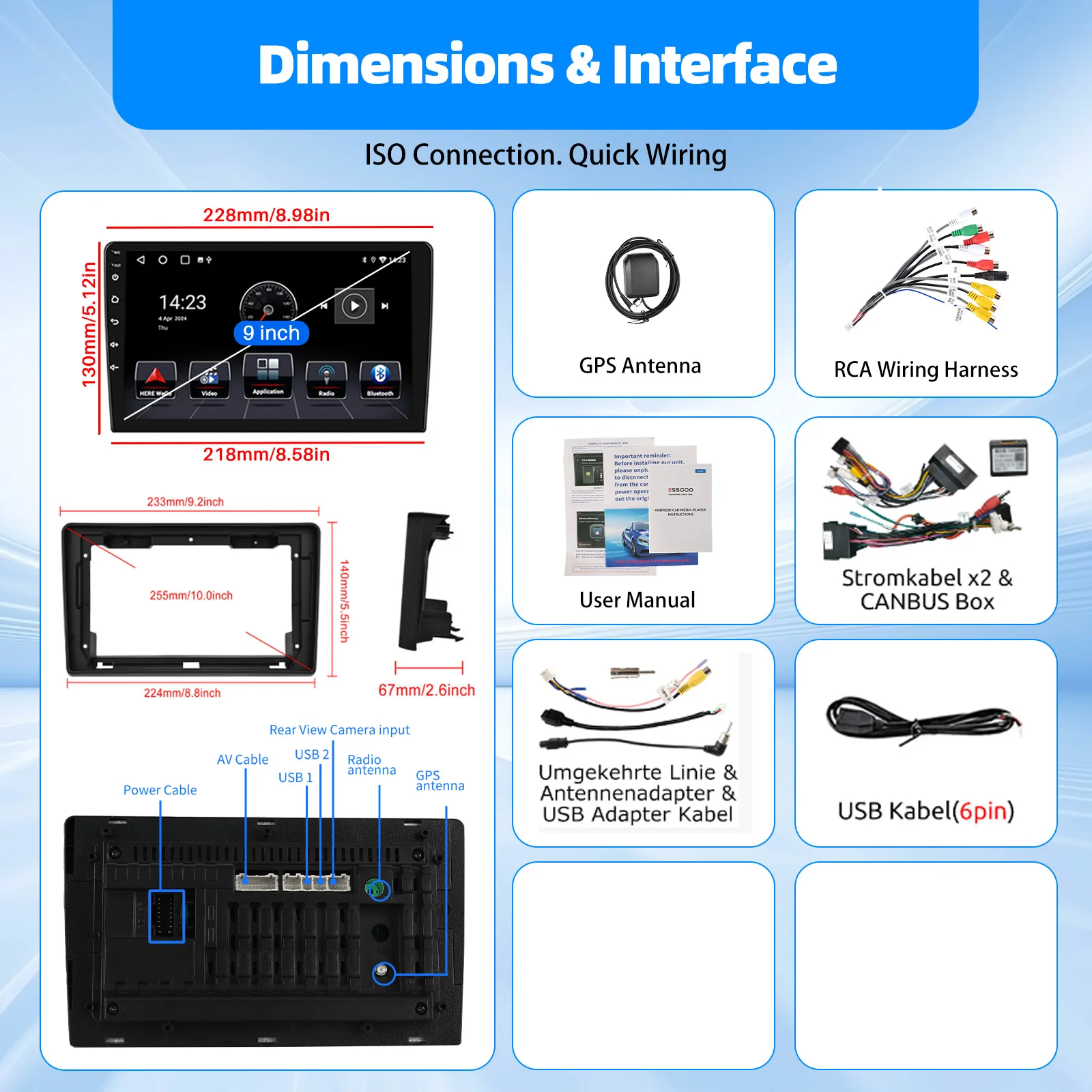 ESSGOO 9" Android 15 4 + 64G Autoradio Stereo Radio Für Fiat Ducato 2006-2022/Peugeot Boxer/Citroen Jumper Carplay Android Auto GPS Navi SWC WiFi FM RDS Bluetooth – Detail 6