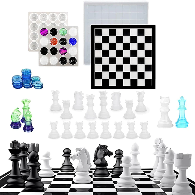 Endoto Chess Set with Checkers Board Silicone Resin Mold, Full Size 3D Chess Crystal Epoxy Casting Molds for DIY Art Crafts Mak