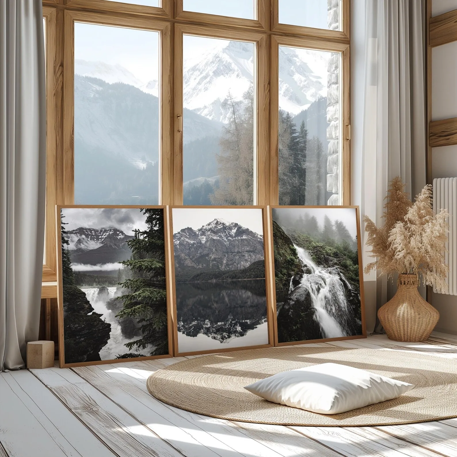 Moody Dark Forest Mountain Wall Art Print Set Misty Waterfall Lake Reflection Nature Landscape Canvas Poster Home Wall Decor