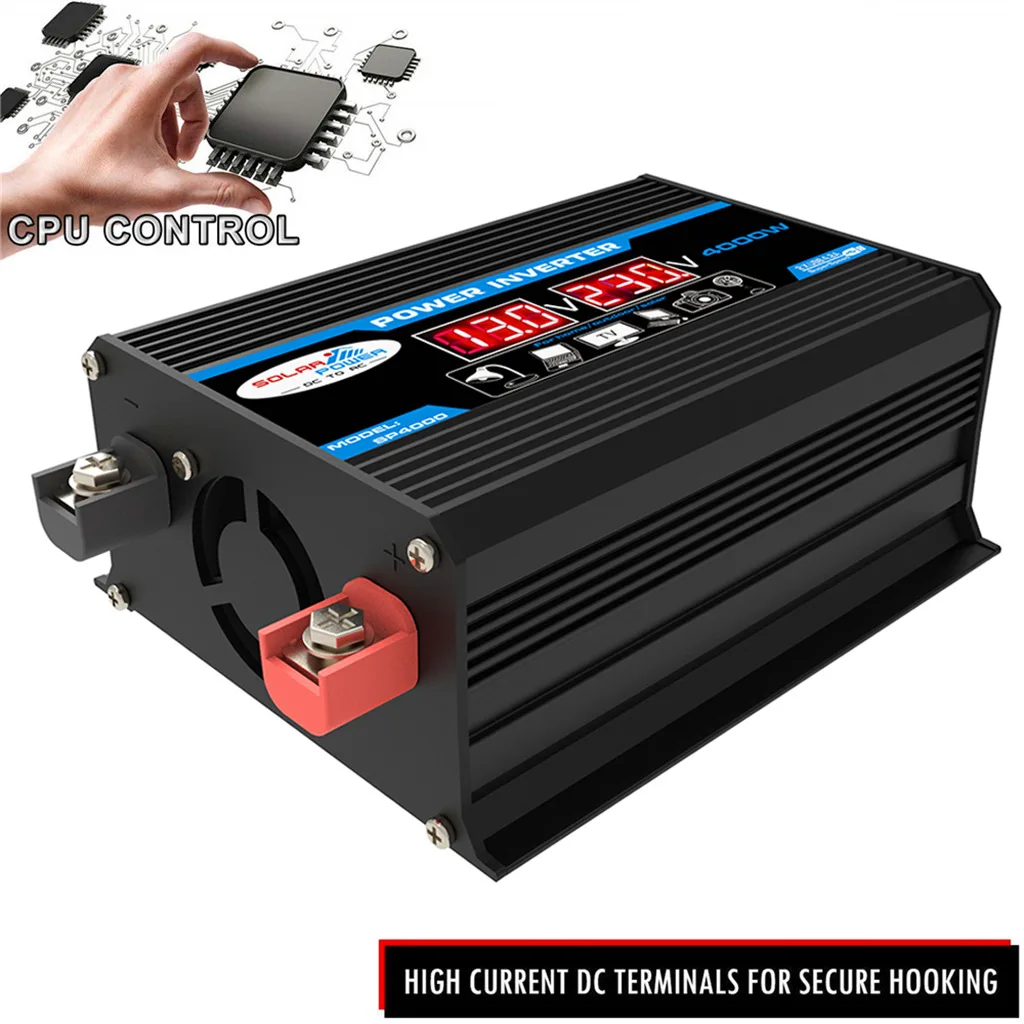 Inversor de Onda Sinusoidal Pura de 1600W-4000W, Convertidor de 12V a 220V/110V con Doble USB, Inversor de Corriente para Auto y Hogar