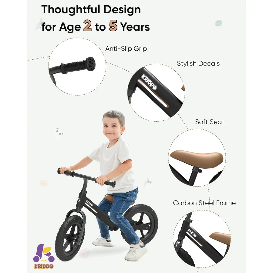 Bicicleta de equilíbrio para crianças de 2 anos, bicicleta de equilíbrio para 2 a 5 anos, rolamento duplo para passeios mais suaves, placa adorável, assento ajustável