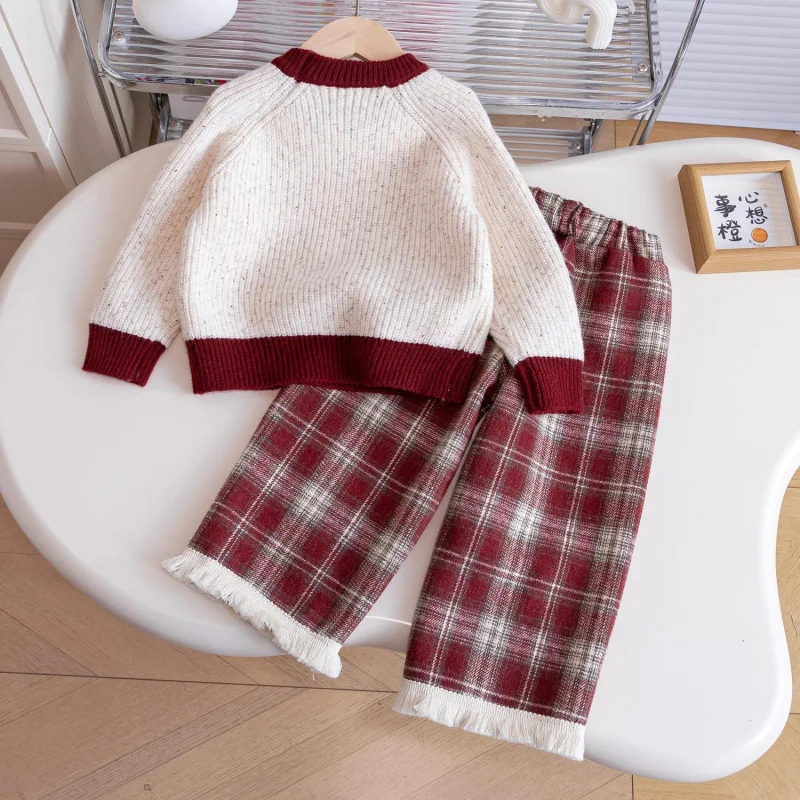 

Girls' Sweater Set New Autumn Winter Fashionable Children's Knitted Sweater Baby Winter Fleece Two-Piece Set Trendy