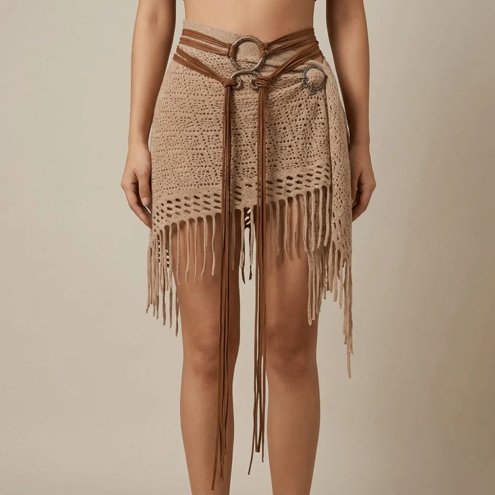 Unique Adjustable Long Rope Chain Belt Braided Fringe Loop Waist Cinch Knot Handcrafted Look Decorative Belt Medieval