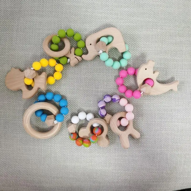 Q22d Baby Silicone حبات Teether Wooden Ring Bracelet Bracelet Toying التمريض