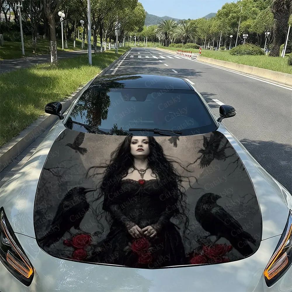 

Gothic Girl And Crow Car Vinyl Wraps, Engine Hood Decals, Splash-Resistant Features, Easy To Remove, Suitable For Hood Decoratio