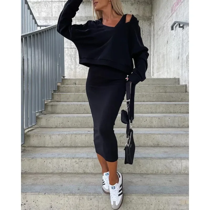 Autumn Winter Women Two Piece Set Elegant Tracksuit Outfits Long Sleeve Hoodies Top High Waist Slim Bodycon Long Skirt Suit