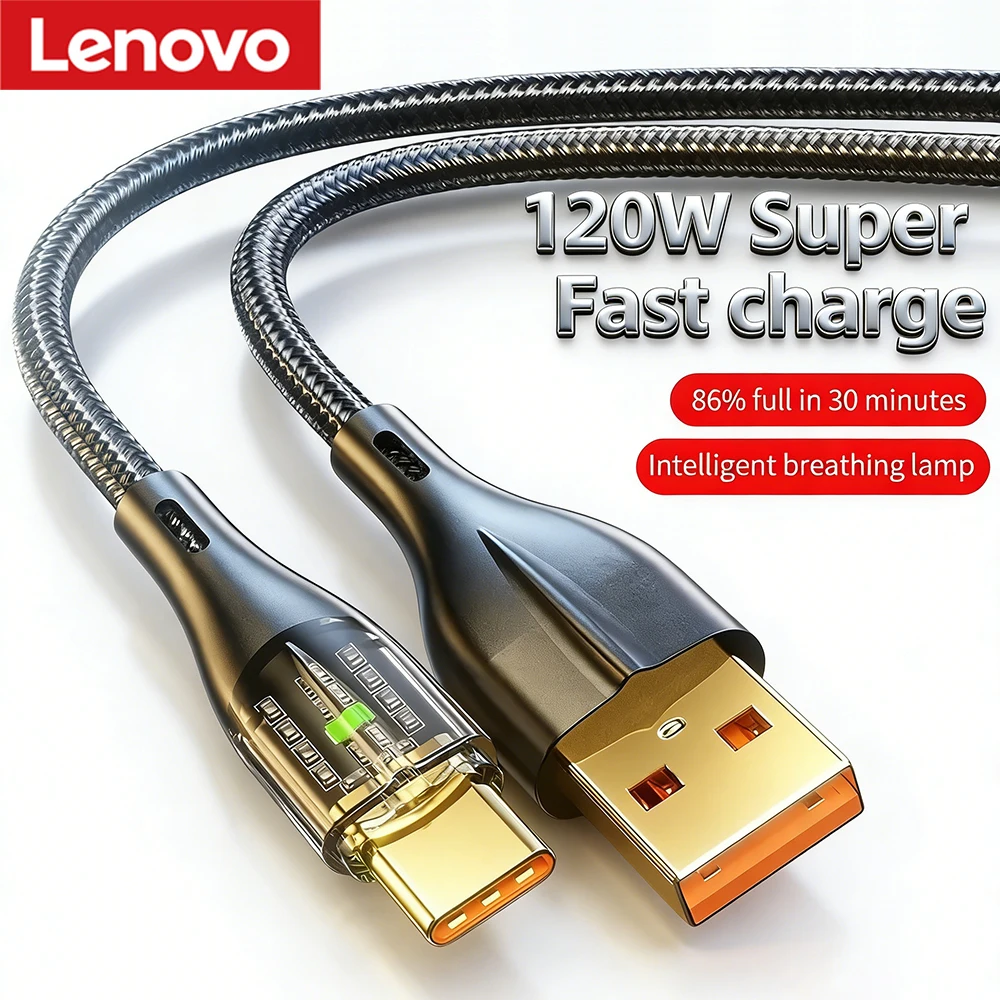 Lenovo 120W USB-auf-Typ-C-Kabel, superschnelles Lade- und Datenkabel für Xiaomi, Samsung, Huawei, 6A Typ-C-Telefon, schnelles Ladekabel, NEU