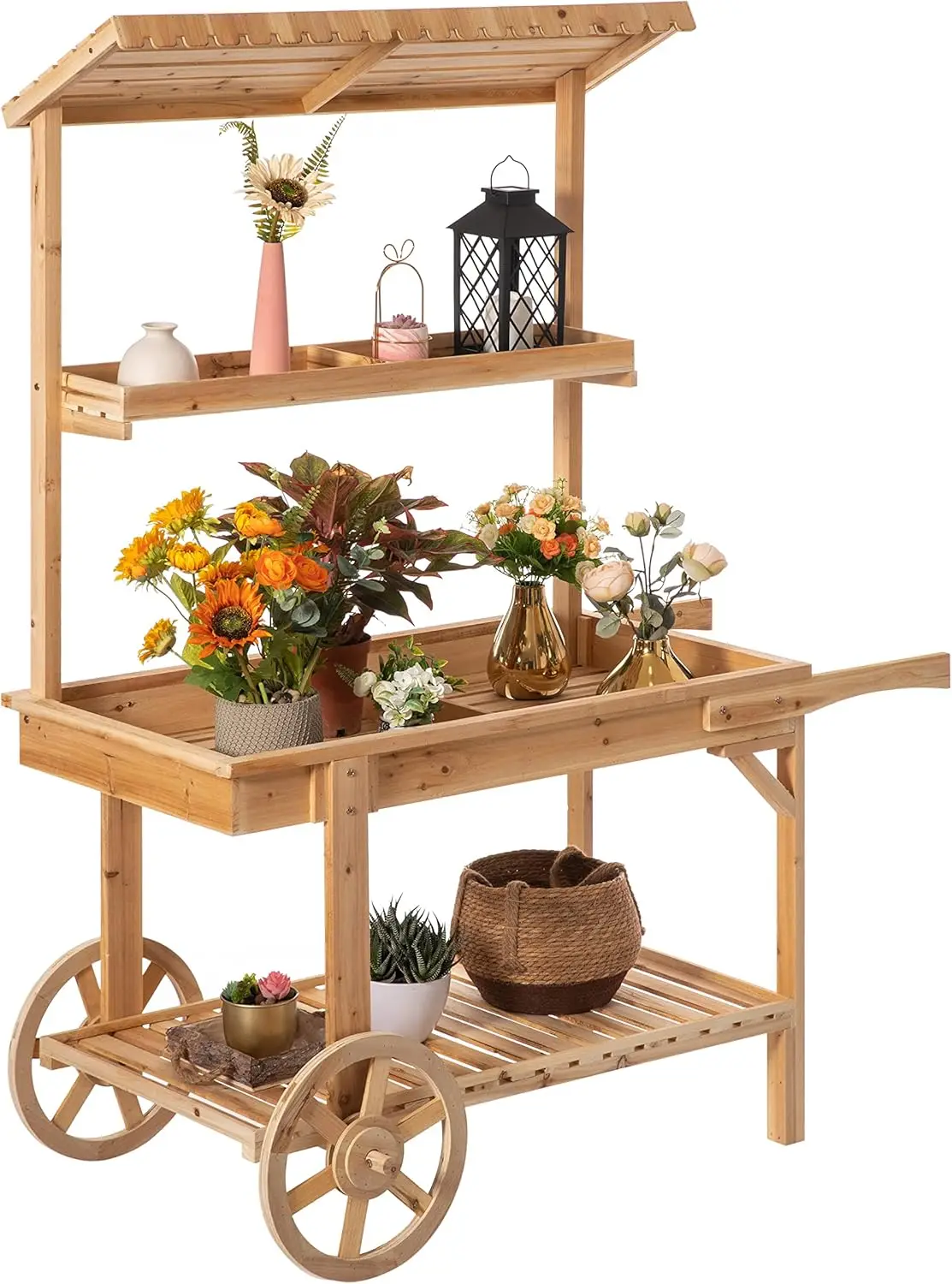 Solid Wood Decor Display Rack Cart Wood Plant Stands with Wheels for Decor Display | 2 Wheeled Wood Wagon with Shelves for Plant