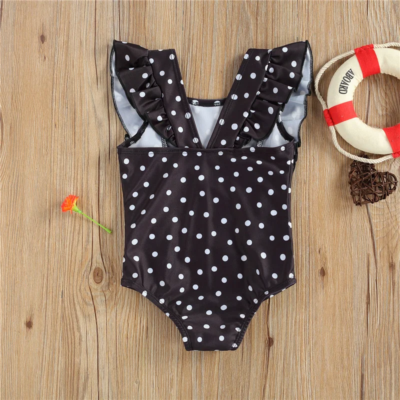 Little Girls Breathable Swimsuit, Summer Children Fashionable Black/White Dot Sleeveless Bodysuit Swimwear for Vacation 6M-4Y