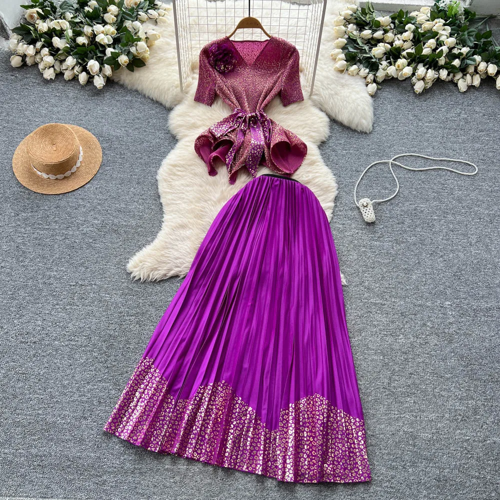 

Suit Women's Summer Strap Waist Three-dimensional Flower Short-sleeved Lotus Leaf Hem Top High Waist Pleated Skirt