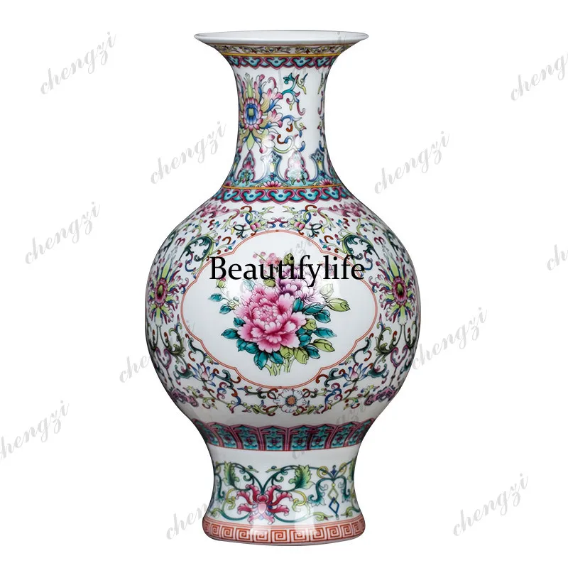 Jingdezhen ceramic colored  painted new Chinese style vase porcelain flower arrangement new wine cabinet living room ornament