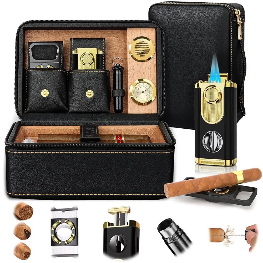 

Travel Cigar Humidor Set, 2-Layer Design & CedarWood Lined, with Cigar Lighter Built-in V Cutter&Holder, Cigar Cutter, Draw E