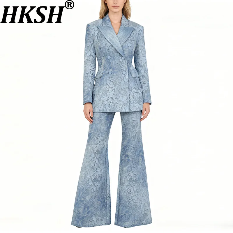 

HKSH Women Two-piece Denim Suit Set Heavy Craft Flower Double Breasted Blazer Jacket Ins Jeans Wide Leg Pants New Spring HK19388