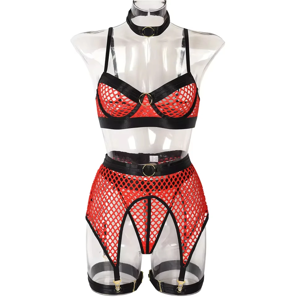 New Sexy Erotic Western Style Halter Underwired 4 Piece Set Featuring Sensual Large Mesh Patchwork Design Alluring Bra Set