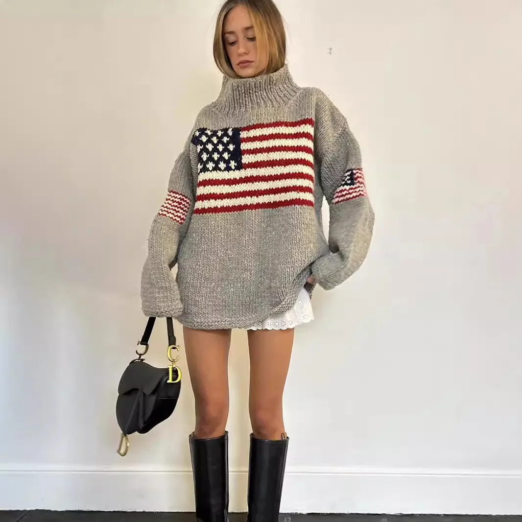 

Flag Pattern Knit Sweater Women's Oversized High-Neck Knit Pullover Retro Street Style Casual Warm Oversized Fit Hoodie