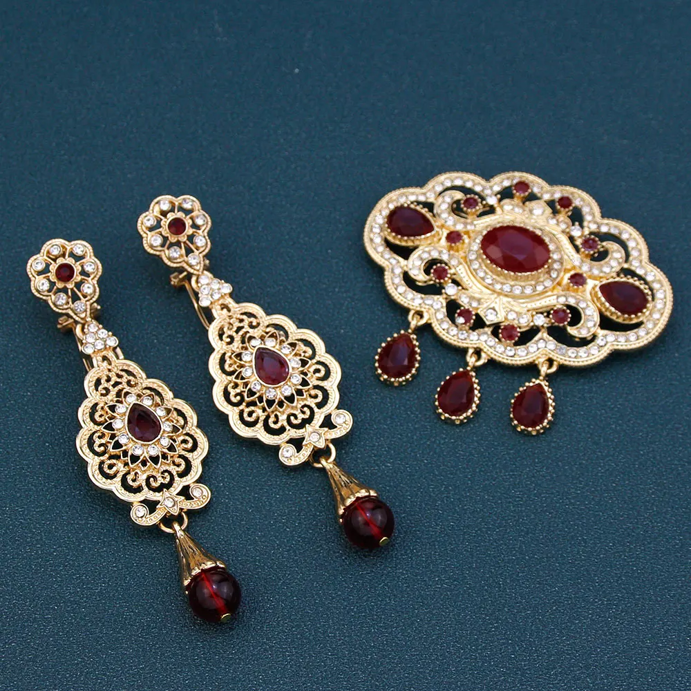 Sunspicems Moroccan Wedding Jewelry Bridal Brooch Earring Set Gold Color Red Green Crystal Hijab Pins Arabic Wedding Accessories