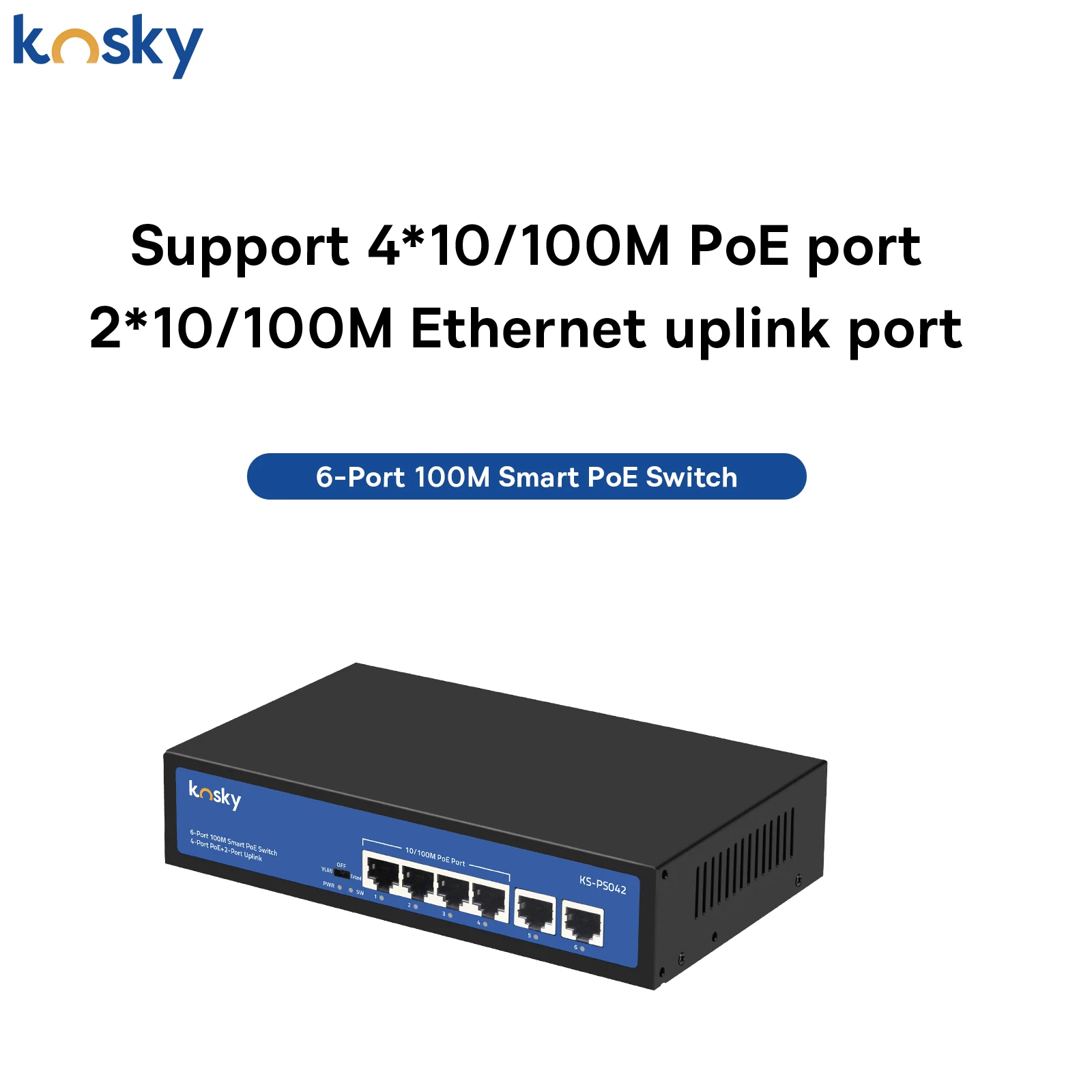 كوسكي KS-PS042 |   6 منافذ إيثرنت سريعة غير مُدارة بسرعة 10/100 ميجا بت في الثانية PoE Switch |   4 منافذ PoE+ |   التوصيل والتشغيل | تصميم معدني بدون مروحة