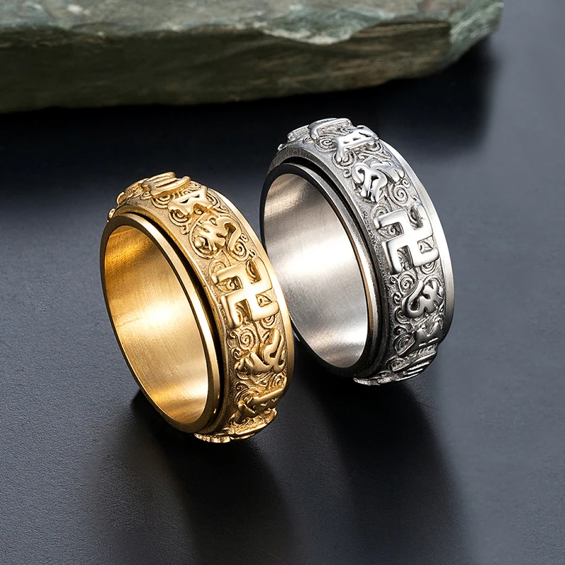Six Syllables Spinner Ring 360° Rotating Titanium Steel Punk Unisex Band - Stress Relief Sizes 7-12 Gold/Steel/ Men Trendy Gifts