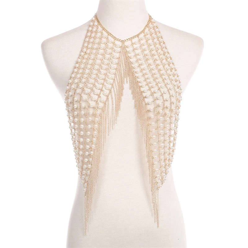Vintage Damen Perlen-Quasten-Körperkette, mehrschichtiger Gurt, Fransen-Cape, Schmuck, sexy Statement-Top für Party, Abend, Hochzeit, Abschlussball – Detail 5