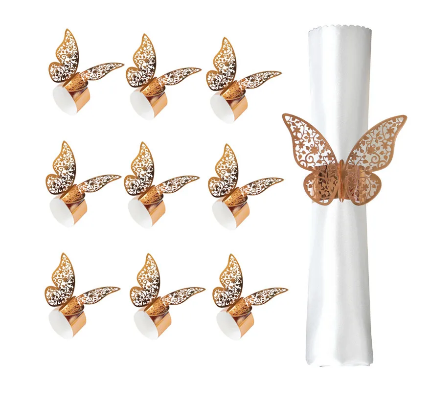 50Pcs 3D Butterfly Paper Napkin Ring Gold Napkin Band Laser Cut Napkin Buckles for Wedding Decoration Home Table Accessories