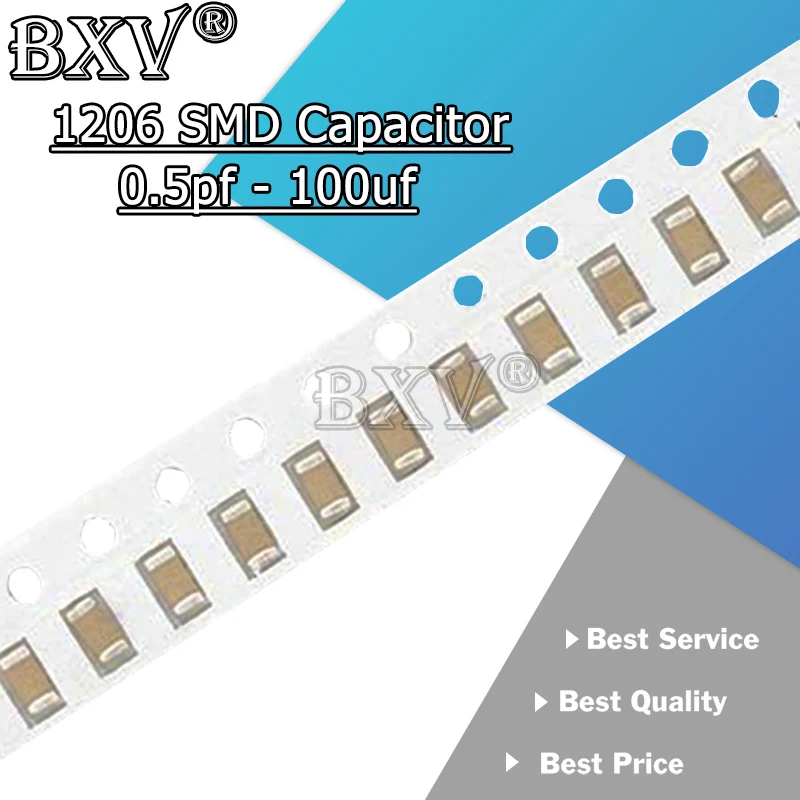 100 sztuk 1206 SMD Chip wielowarstwowy kondensator ceramiczny 0,5pf-100uf 10pf 100pf 1nf 10nf 15nf 100nf 0.1uf 1uf 2.2uf 4.7uf 10uf 47uf