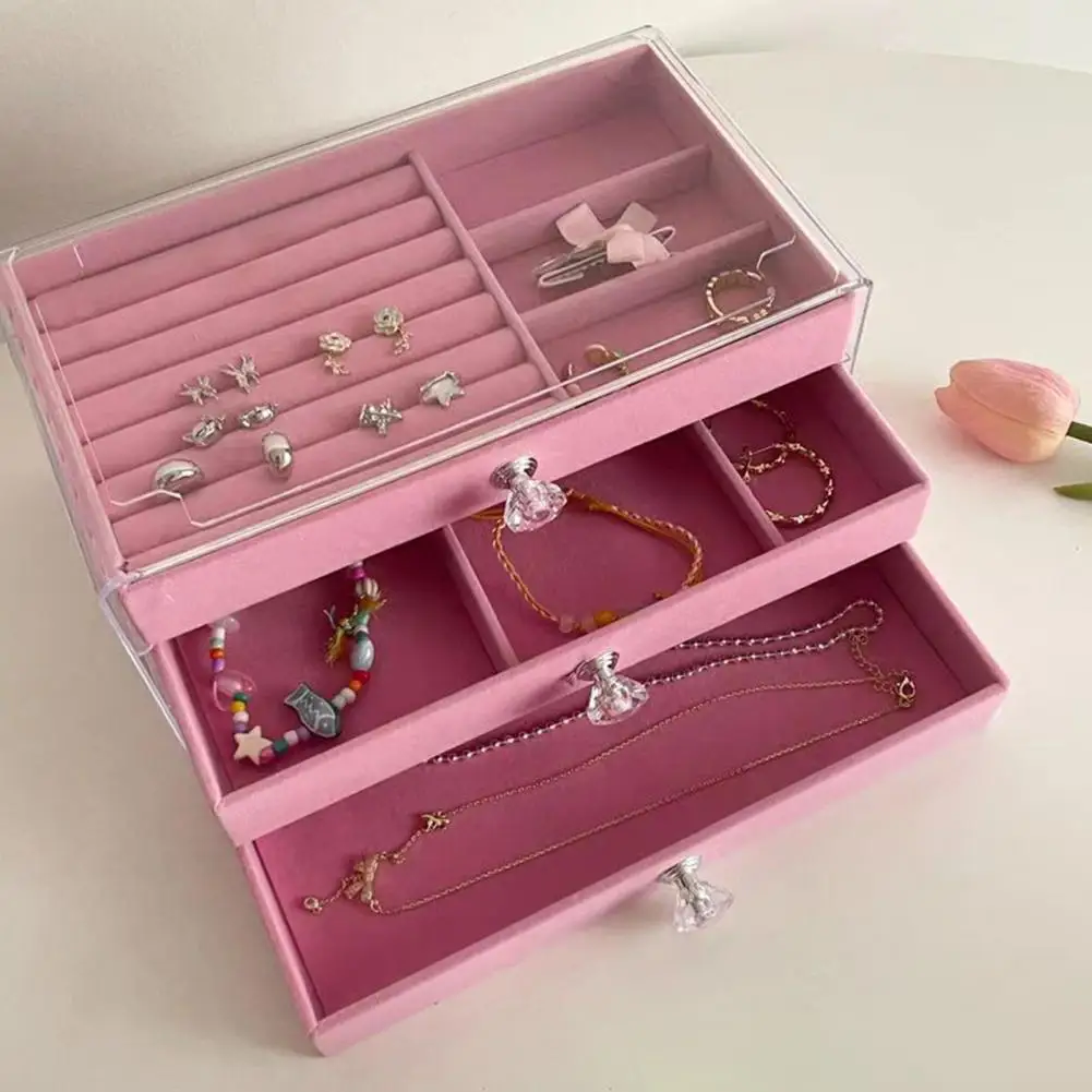 Fashion Jewelry Storage Box Drawer 3 Layers Large Capacity Velvet Necklace Earrings Rings Organizer Jewelry Storage Case Travel