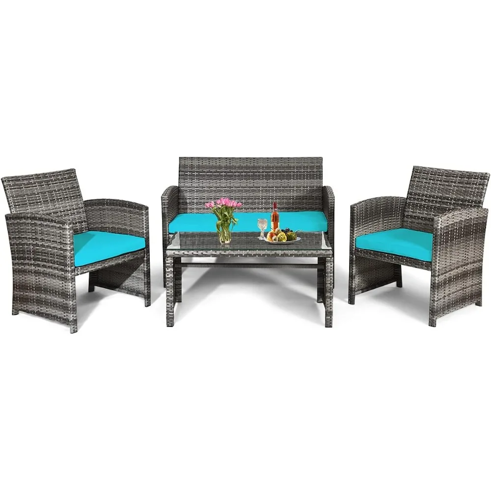 

Rattan Furniture Set, 4-Pieces Outdoor Patio Furniture Set, Rattan Sofas w/Tempered Glass Table Set, Rattan Chair Garden Sofa Co