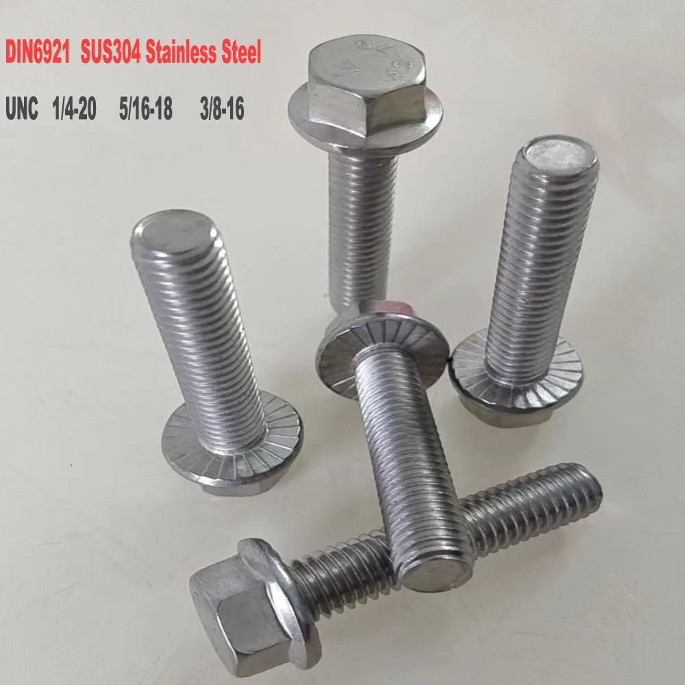 304 Stainless Steel UNC Hex Head Flange Bolts DIN6921 Serrated Anti‑Slip Screws 1/4 5/16 3/8 for Auto Repair