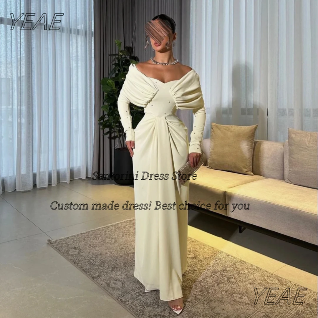 

Santorini Saudi Arabia Dresses for Special Occasions Ruched Off Shoulder Prom Dress Long Sleeves Beaded Vestido Evening Party