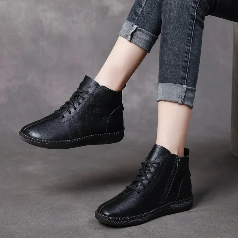 

2025 г. женские ботильоны, зимняя обувь из натуральной кожи, короткие ботинки на танкетке с круглым носком на молнии, женская обувь на платформе в стиле ретро