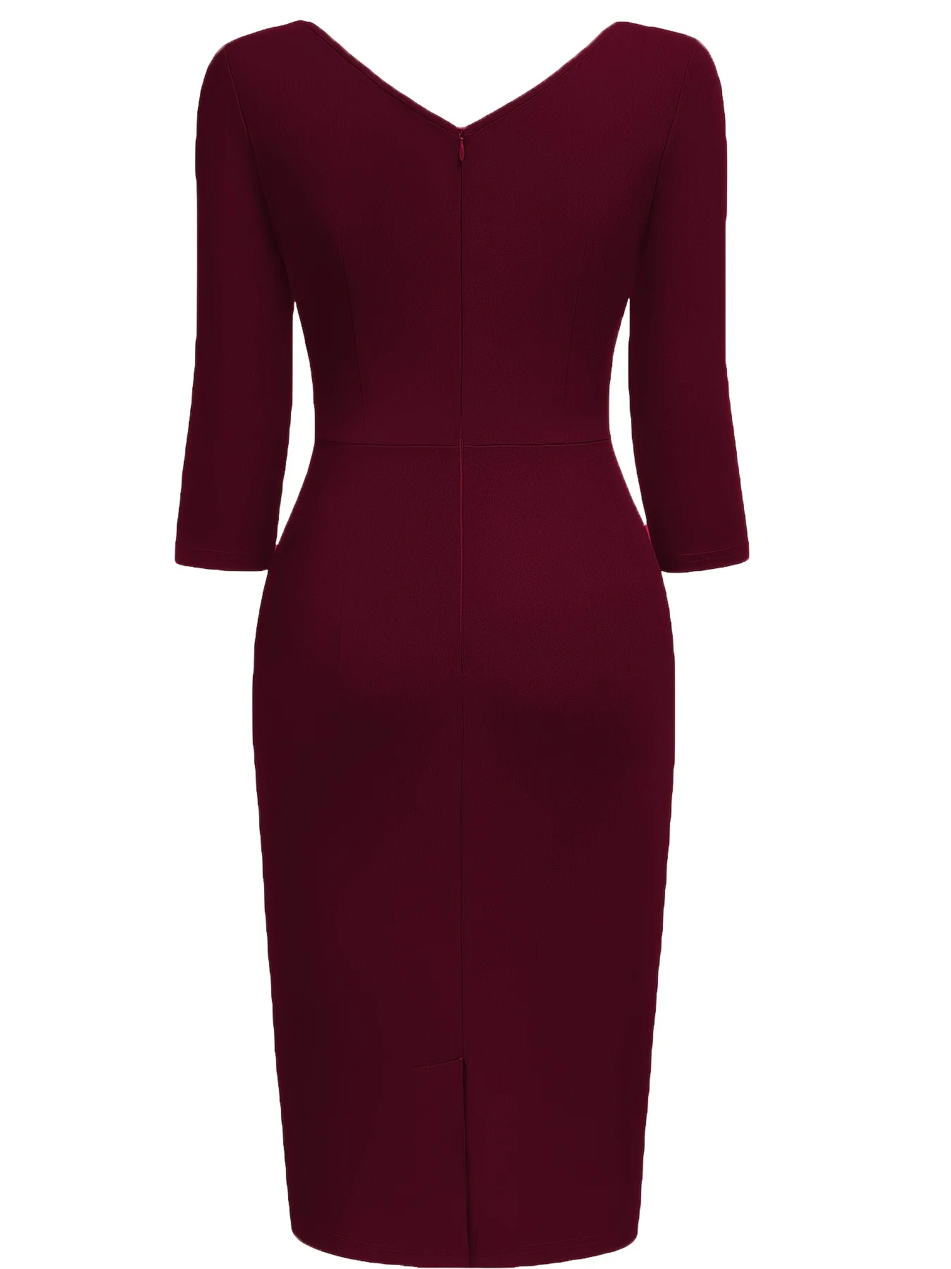 Women Vintage 2/3 Sleeve Deep V-Neck Ruched Slim Knee Length Cocktail Party Wrap Sheath Bodycon Pencil Dress