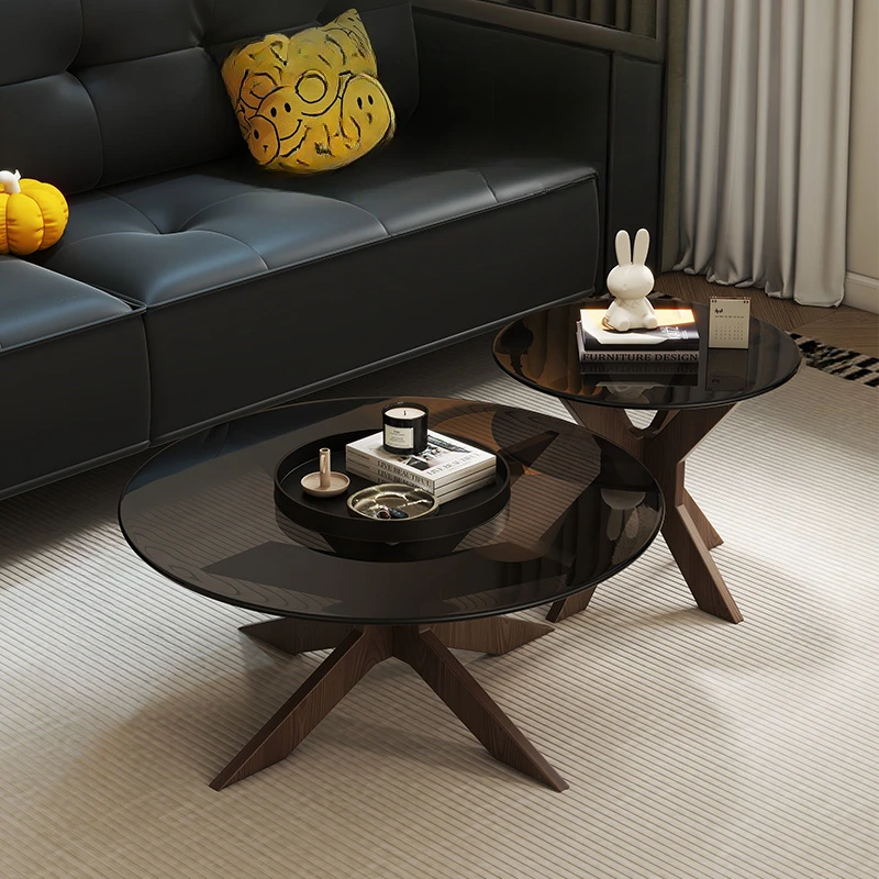 Round Side Table, Modern Glass Design, Black Simple Center Style, Wood Lateral Apartamento Tavolino Da Salotto Furniture