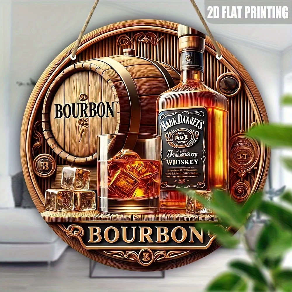 Sinal de arte de parede de uísque Bourbon plano 2D - Decoração de barra circular de madeira retrô, adequada para pendurar em terraços e quartos
