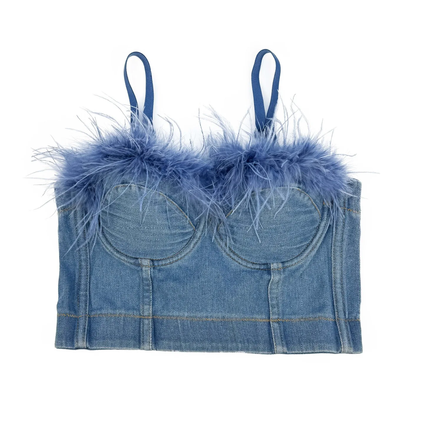 Sexy Denim and Feather Bustier Tank with Push-up Bra and Fishbone Camisole Underwire Corset Crop Top Underwear Women Lingerie