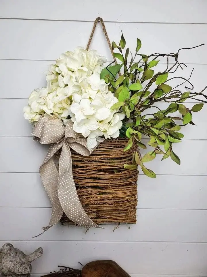 

Cream Hydrangea Door Hanger Basket Wreath, 2024 Newest Wildflowers Door Hanging Basket Wreath, Front Door Artificial Spring and