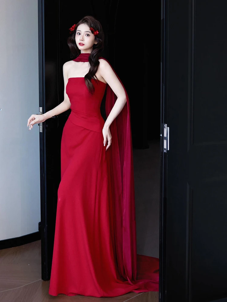 

Red Evening Gown Women's 2026 New Luxury High-End Engagement Wedding Dr Long Tail Strapl Drinking Suit Bride Sexy Mid-W...