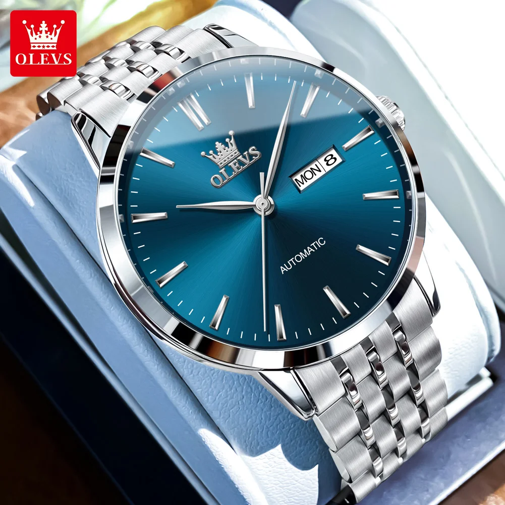 OLEVS 7048 Man Watch Simple Dual Calendar Mechanical Watch For Men High Hardness Mirror Luxury Original Waterproof Wrist Watches