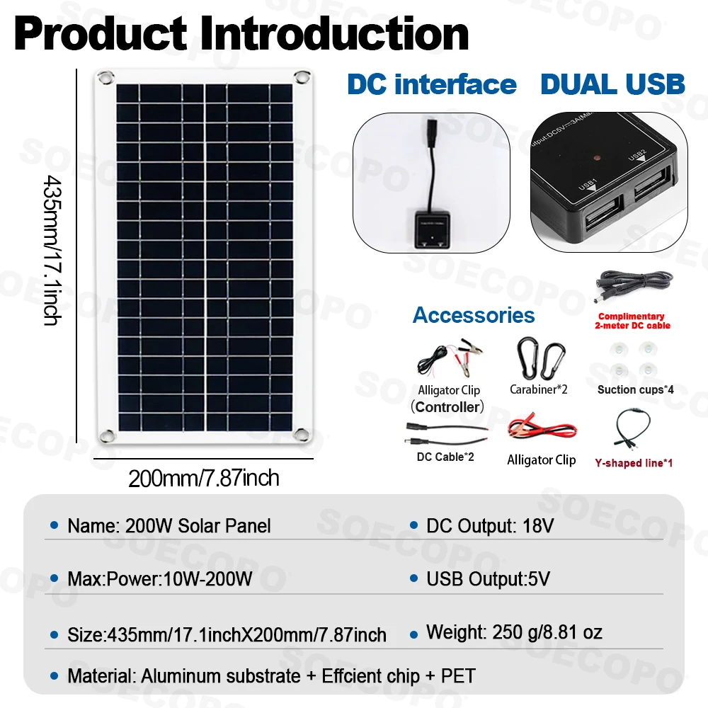 SOECOPO 600W Portable Solar Panel Set 3*200W Solar Panel with Free 100A Controller USB 5V Perfect Camping Photovoltaic Phone