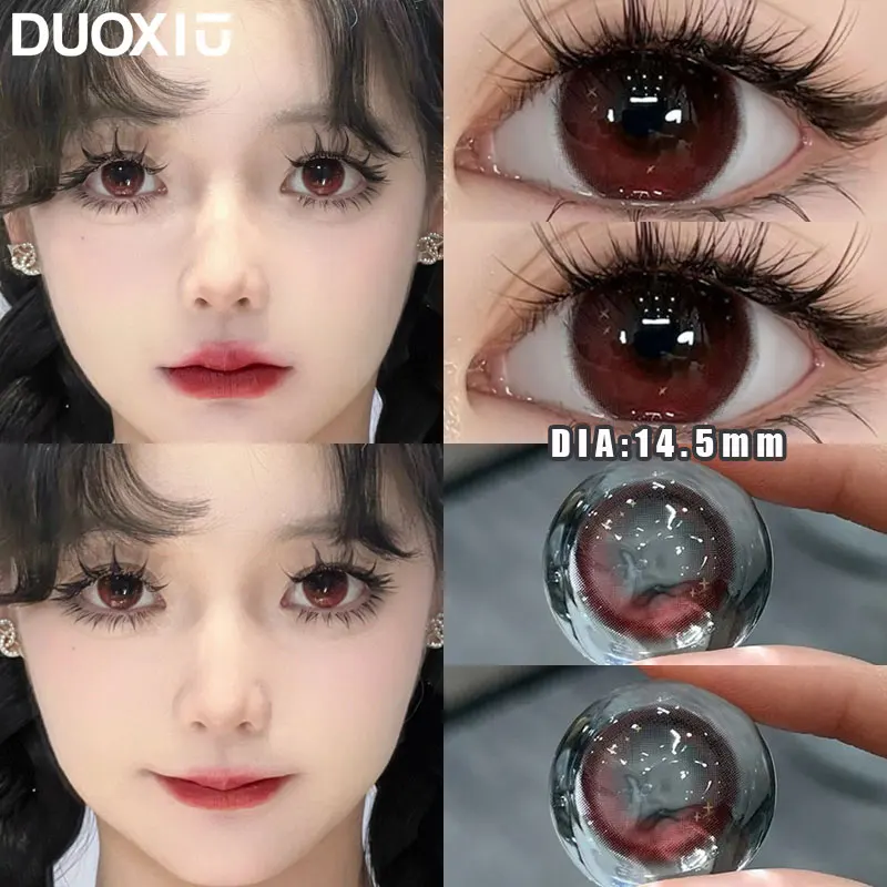 DuoXiu-Lentes de Contato Macias para Estudantes, Rosa, Diâmetro do Olho Roxo, 14,5mm, Lente Cinza, Grau de Miopia, Aluno Bonito, 1 Par